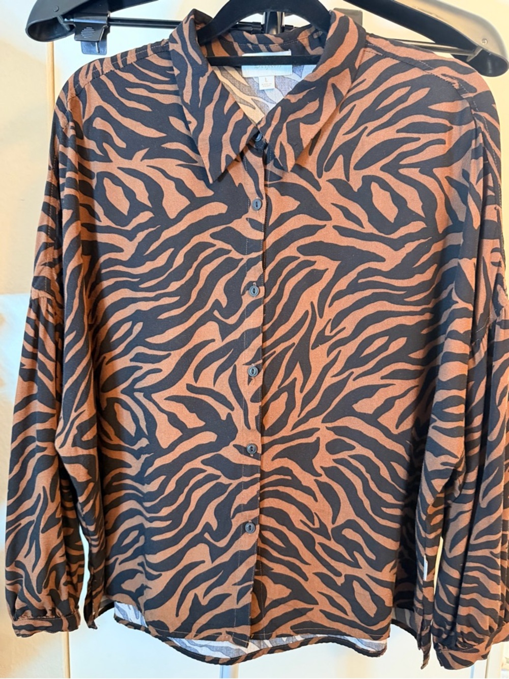 Brixton Zebra Print 1/2 Sleeve Woven Boxie Crop Button Down Blouse Size L
